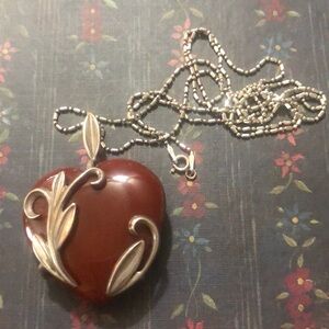 Vintage Heart Shaped, In Silver, Carnelian Pendant on 28” Silver Chain